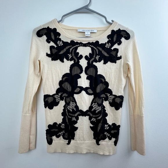 Diane Von Furstenberg 100% Wool Sweater with Black Lace Design - Picture 1 of 7